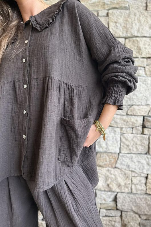 Annie Cushion Cotton Peter Pan Smock Blouse Chocolate